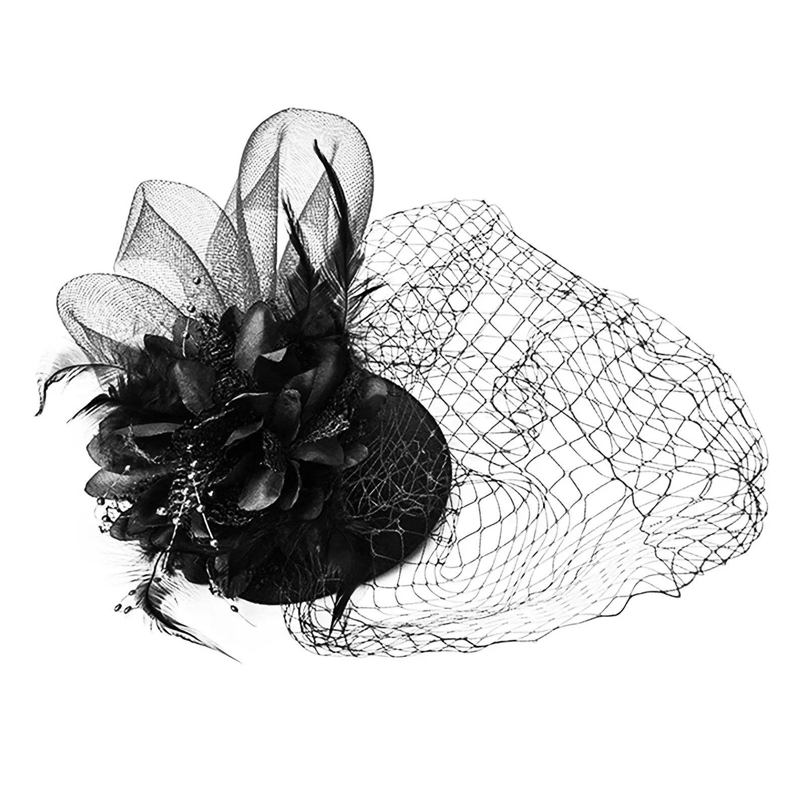 Tocado de velo para mujer, diadema de fiesta de té, sombrero de flores, cintas de malla, plumas, Clip para el cabello para boda, diadema de cóctel, accesorios