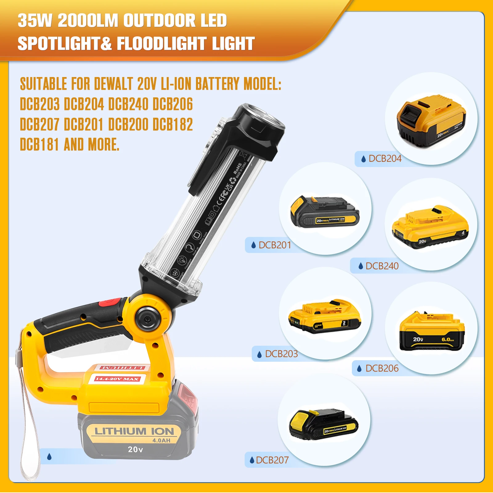 2000LM LED Work Light for Dewalt 20V Lithium-ion Battery Portable Light Horizontal Down Light Outdoor Handheld Flashlight 35W