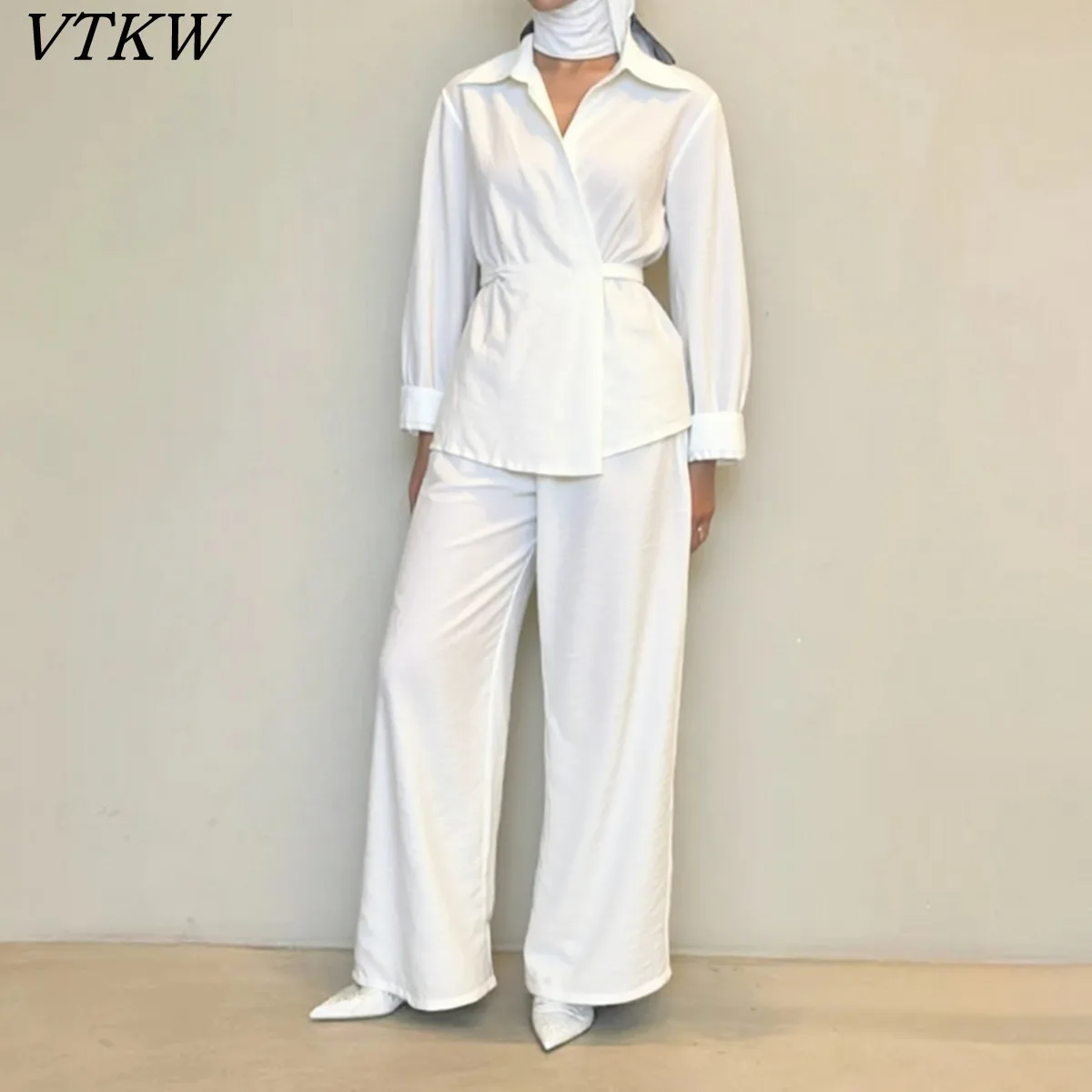 

VTKW женский однотонный комплект брюк, рубашка с длинными рукавами и лацканами, широкая завязка на талии, элегантный ретро-шик, 2022, высокое качество, удобный