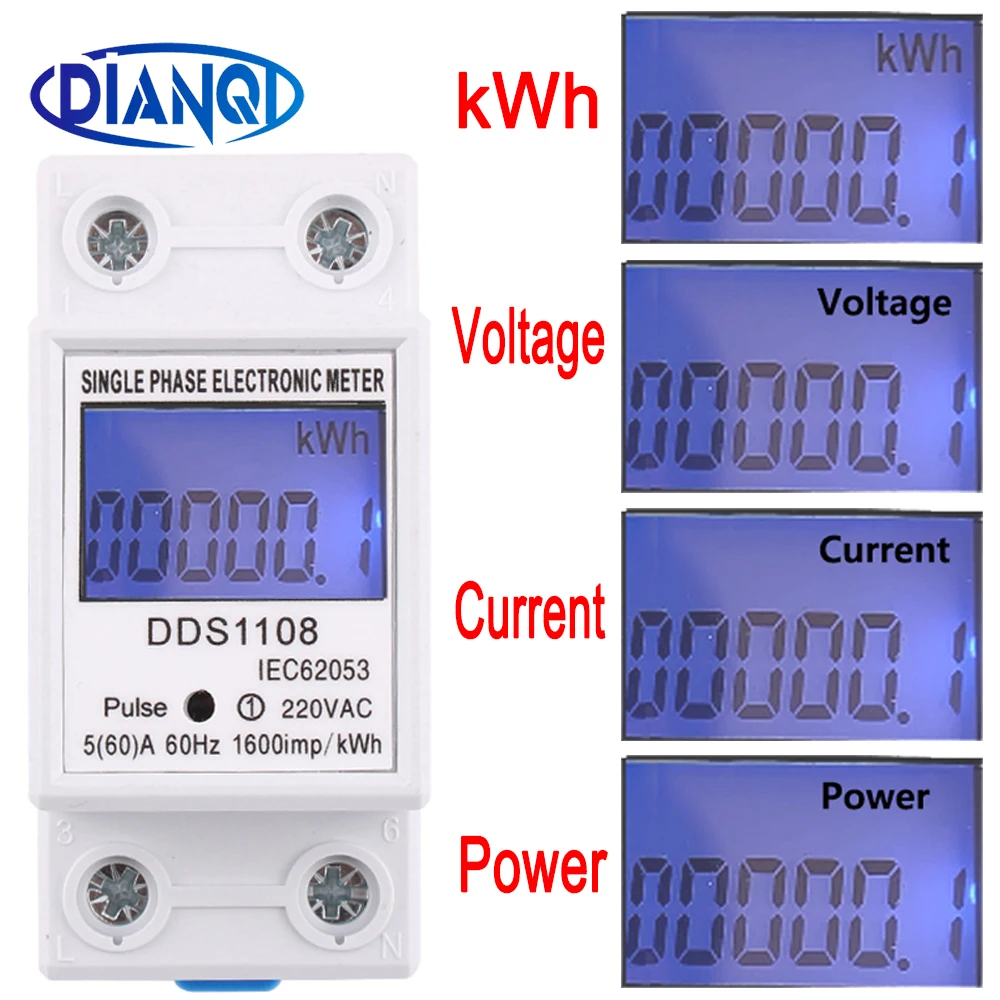 5pcs Electric Energy Meter 2P Single Phase LCD Digital Display DIN Rail Mounting Electric Meter Wattmeter Power AC230V 50/60Hz