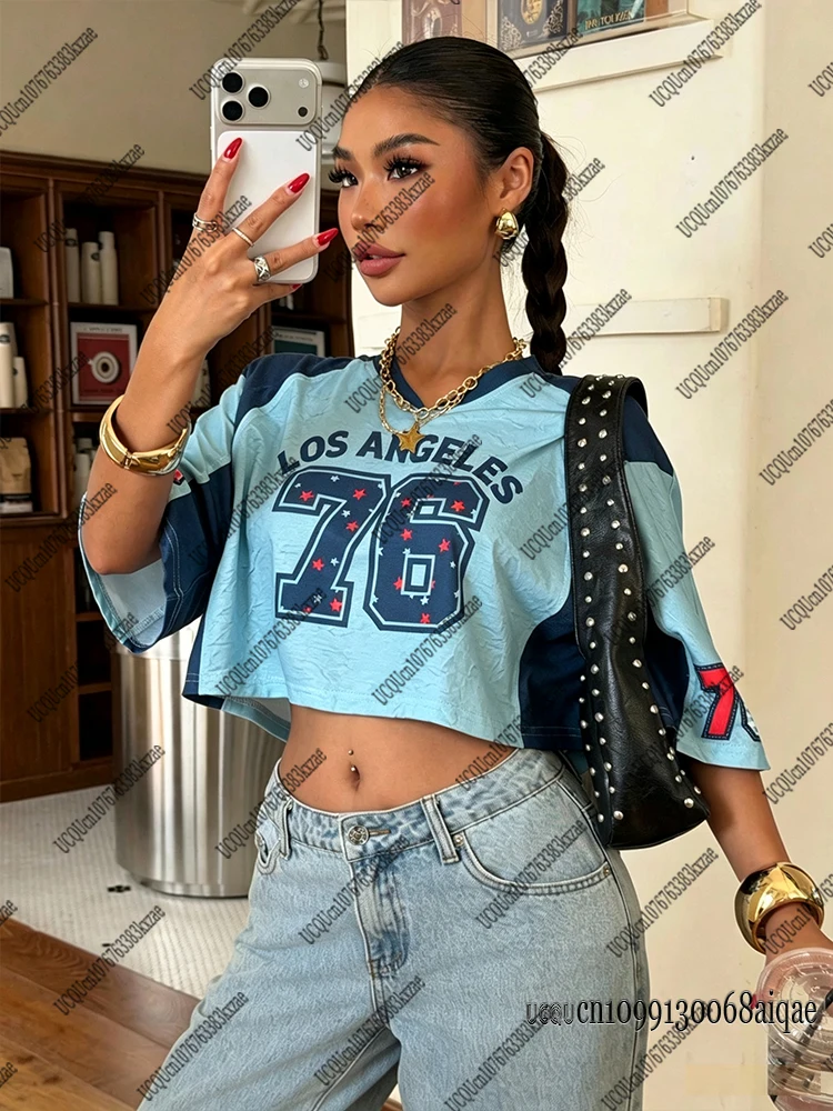 2026 Summer New Los Angeles Retro No.76 Print Crop Top For Women V-Neck Sexy Street Tops Sports Football Jerseys Y2K Crop Tops