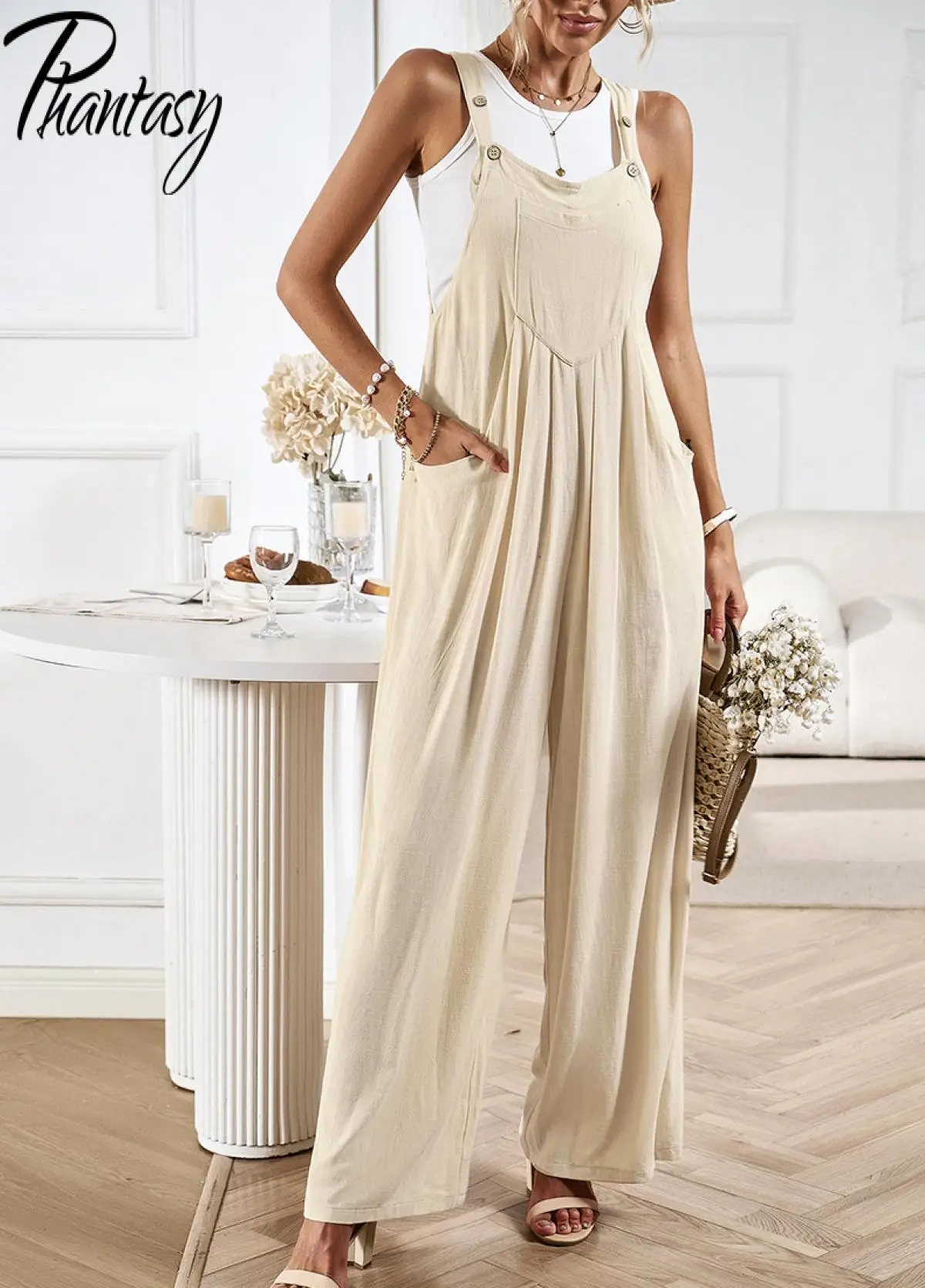 Phantasy Loose Ladies Pant Suspender Trouser Solid Color Combinaison Femme Pants for Jumpsuit Fashion Casual Streetwear Trouser