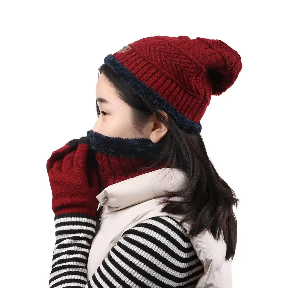 Winter Warmer 3 In 1 Mens Girl Beanie Hat And Neck Scarf Knitted Gloves Set