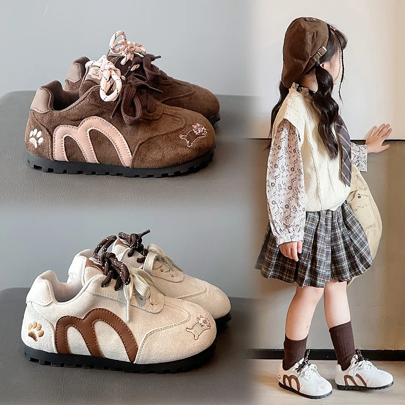 Toddler Girls Retro Casual Shoes, Cute Paw Embroidery, Lace-up Design, Non Slip Flat Sole, Sweet Shoes for Daily Matching