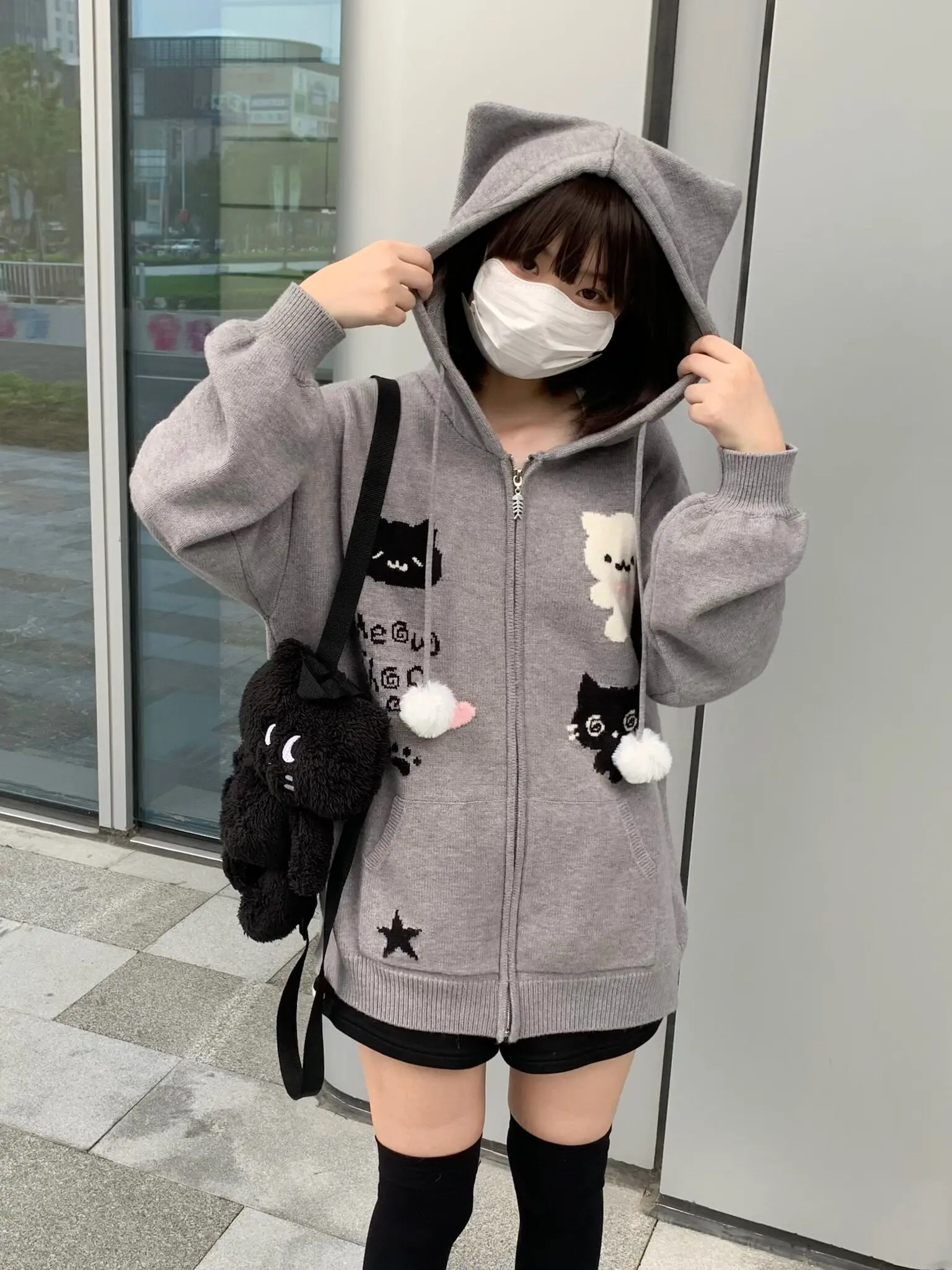 Kawaii Cat Jacquard Knit Zip Hoodie Grey Cute Little Animal Cat Ear Sweater Early Autumn New Home Cardigan Hooded Jacket