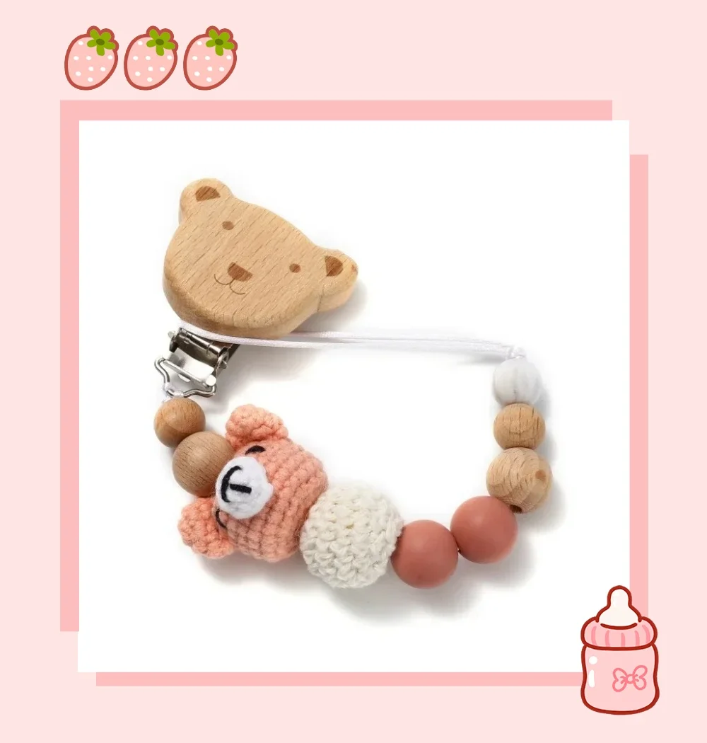 Baby Beech Wood Pacifier Clip Cartoon Animal Crochet Beads Silicone Nipple Chain for Teether Nursing Toys Baby Pacifier Chain view 3