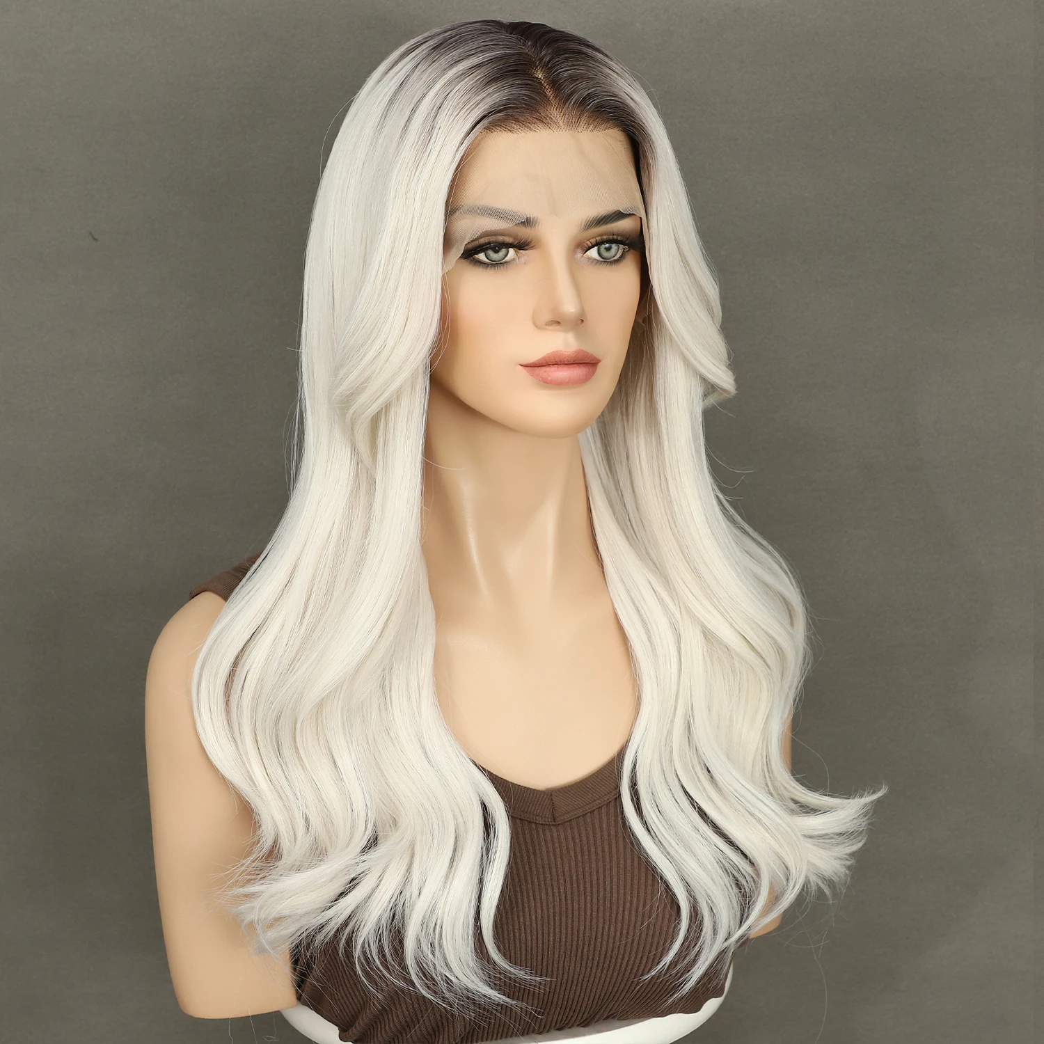 2024 13x4 Synthetic Lace Front Wig Ash White Dark Roots Transparent Lace Daily Wear Heat Safe Premium Synthetic Wig