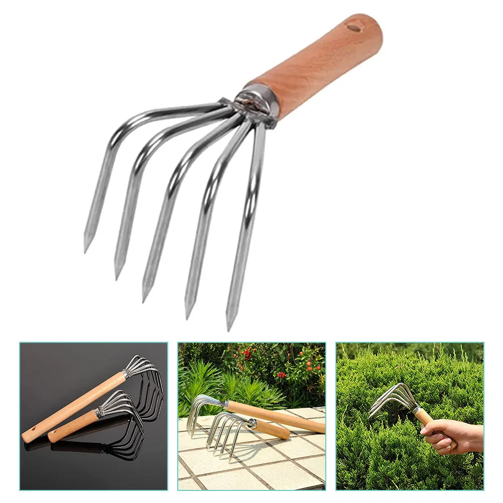 5 Tine Beach Shell Digging Rake Stainless Steel Claw Design Wood Handle Ergonomic Comfortable Portable Clam Oyster Seafood