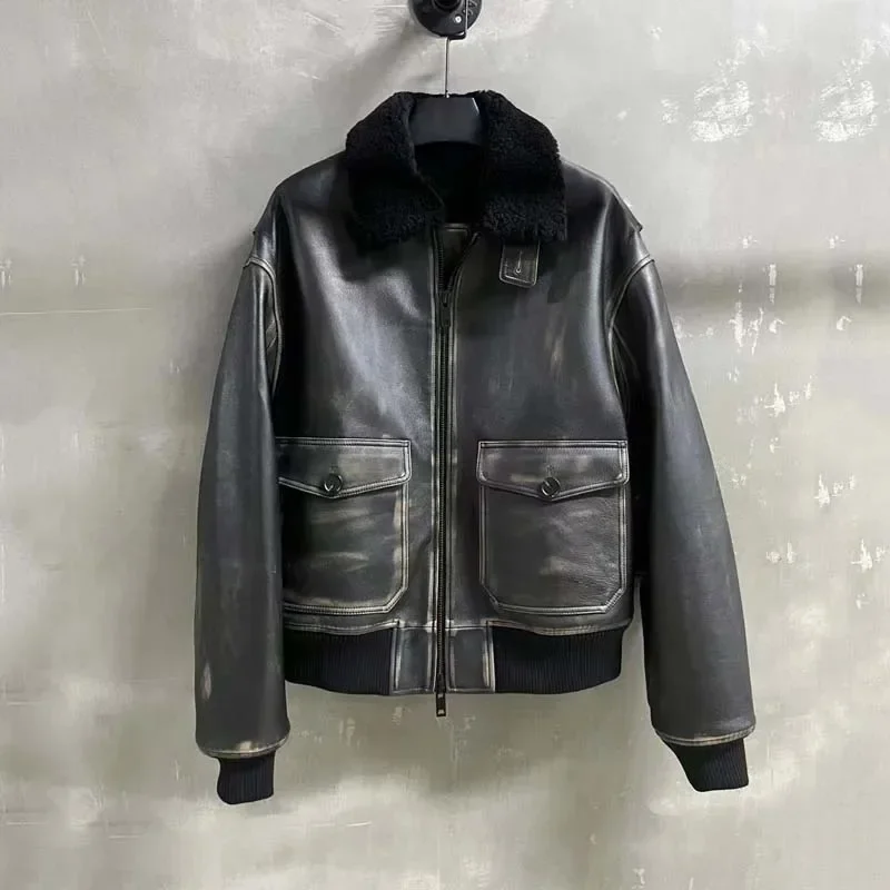 Women's Thick Warm Genuine Leather Jacket with Natural Real Wool Collar Aging Process Winter Coat Stylish 2025 New Arrival