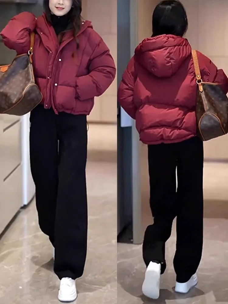 เสื้อโค้ทผู้หญิงทรงหลวม ผ้าฝ้ายผสมขนเป็ด สีแดงไวน์ สไตล์เกาหลี รุ่น Thiened แขนยาว ซิปปิด
