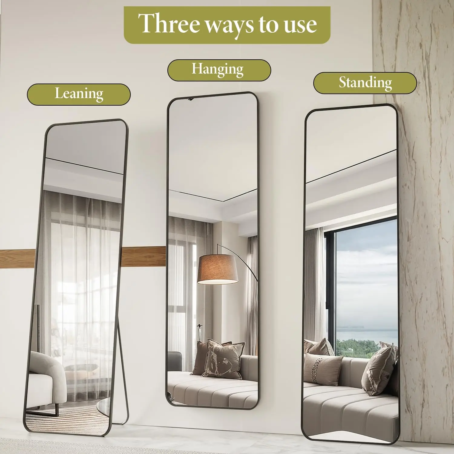 Floor Mirror Full Length, 59"x16" Rounded Corner Full Length Mirror with Stand, Hanging or Leaning Against Wall, Aluminum Alloy