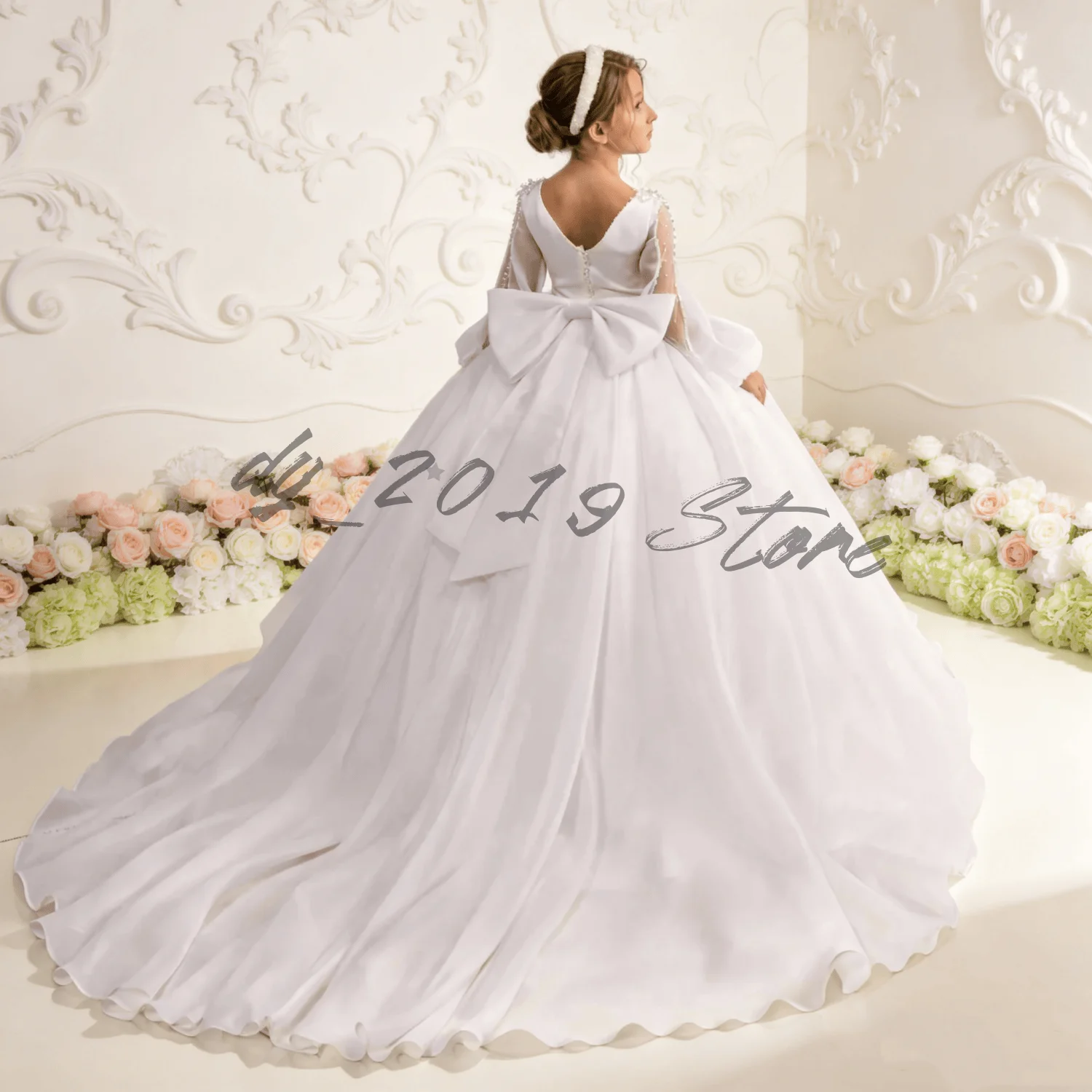 Elegant White Chiffon Flower Girl Dress Long Beaded Sleeve Princess Dress with Oversized Back Bow & Train for Communion&Wedding