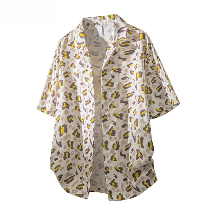 2025 Summer New Men's Beach Vacation Blue Purple Short Sleeve Shirt Trendy Couple Thin Loose Dark Green Khaki Shirt