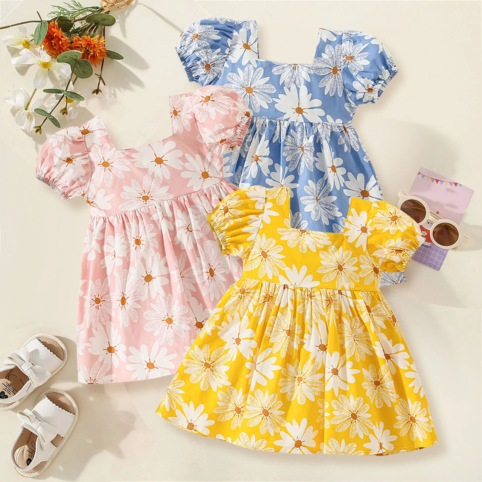 1 2 3Y Short Sleeve Bowknot Floral Prints Sundress For Girls Toddler Summer Ruffles Princess Dress Dance Party Dresses Frocks