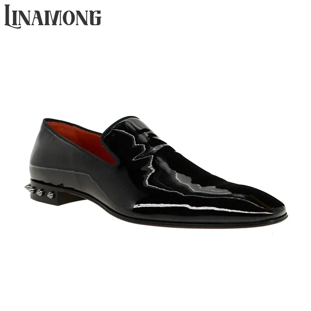 Black Patent Leather Rivet Loafers Designer Slip-On Oxfords Almond Toe Classic Style Dress Shoes for Men Banquet Leather Shoes - view 3