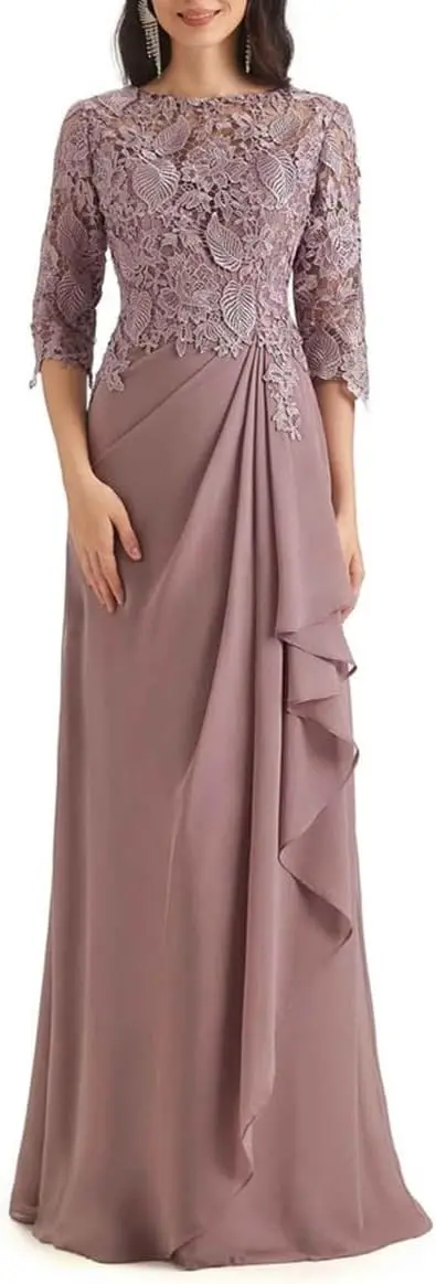 ชุดแม่เจ้าสาว ผ้าชีฟองจับจีบ แขนยาว คอทรงกลม แต่งลูกไม้ สง่างาม ดูดี มีระดับ ชุดราตรี ชุดออกงานสำหรับคุณแม่