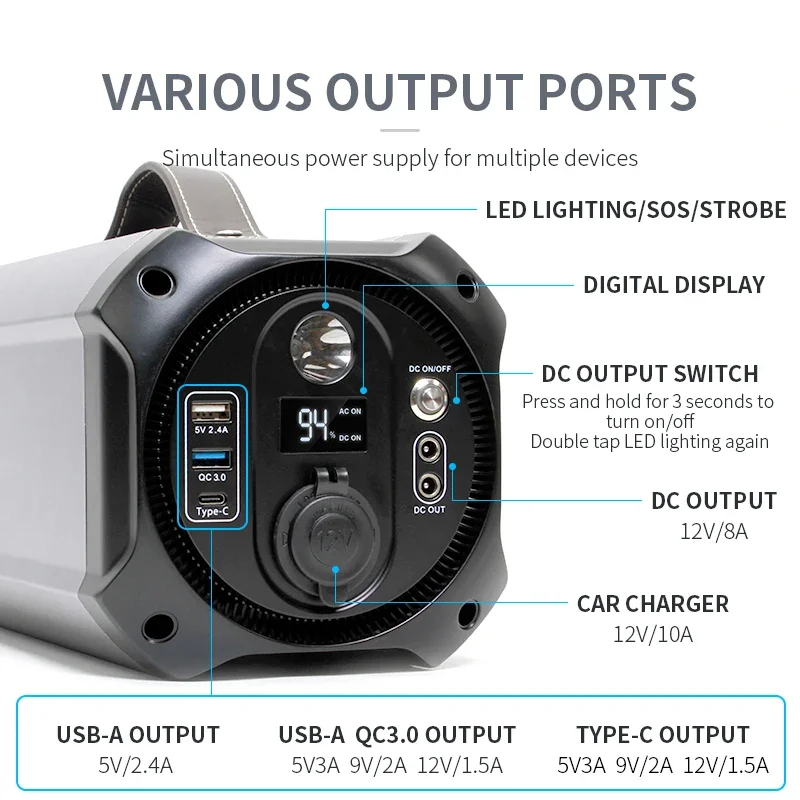 500W Portable Power Station solar generetor 500Wh Pure Sine Wave AC Outlet Outdoor Emergency Mobile Power Bank Home Camping