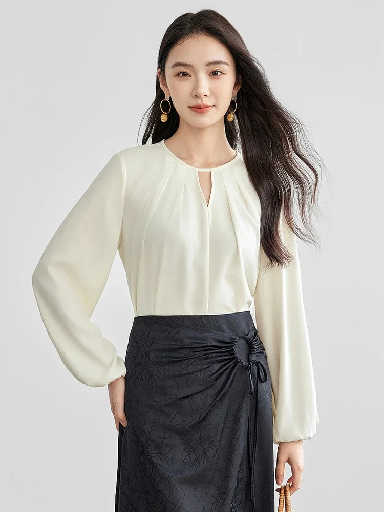 SENTUBILA Hollow-out Blouses for Women French Style Chiffon Crew Neck Folds Lantern Sleeve Shirt 2025 Spring New 151V57661