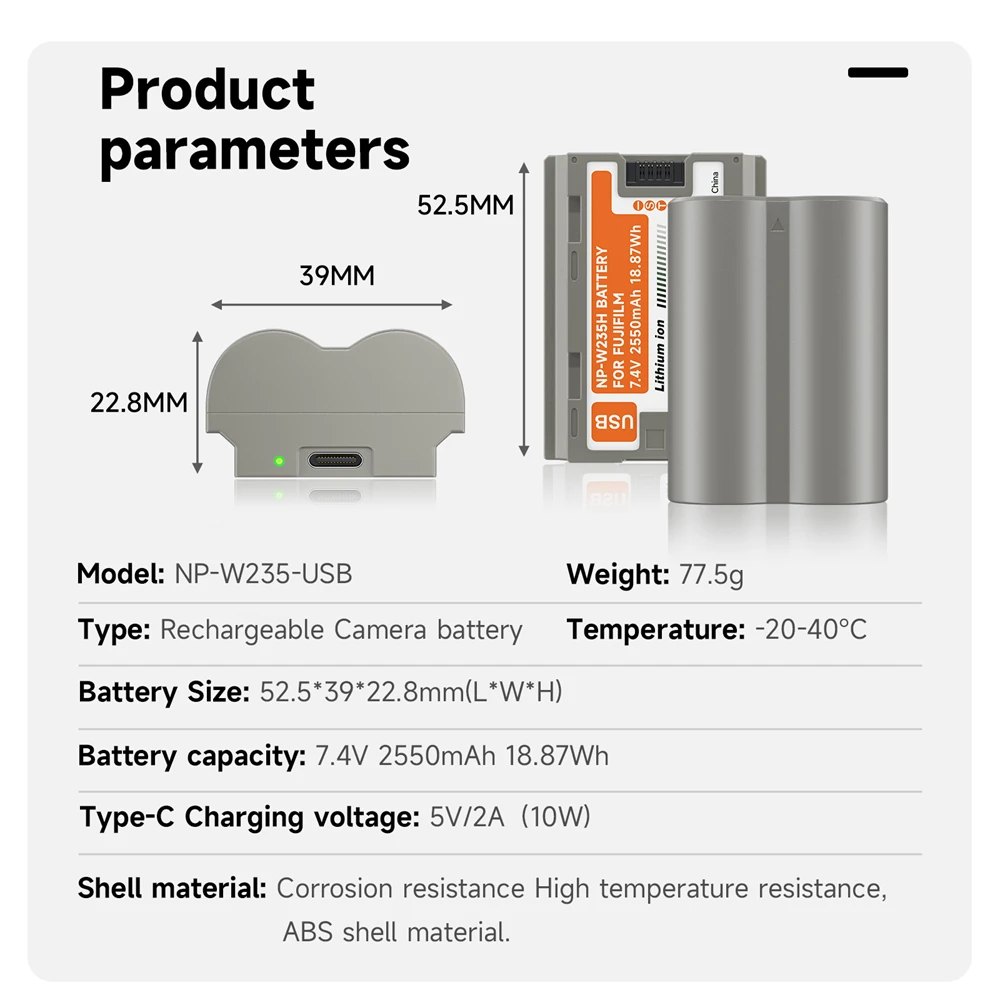 NP W235 Battery Pack USB Type C Fast Charging 2550 mAh NP-W235 Batteries for FUJIFILM X-T5 XT4 X-T4 GFX 50S II GFX 100S X-S20