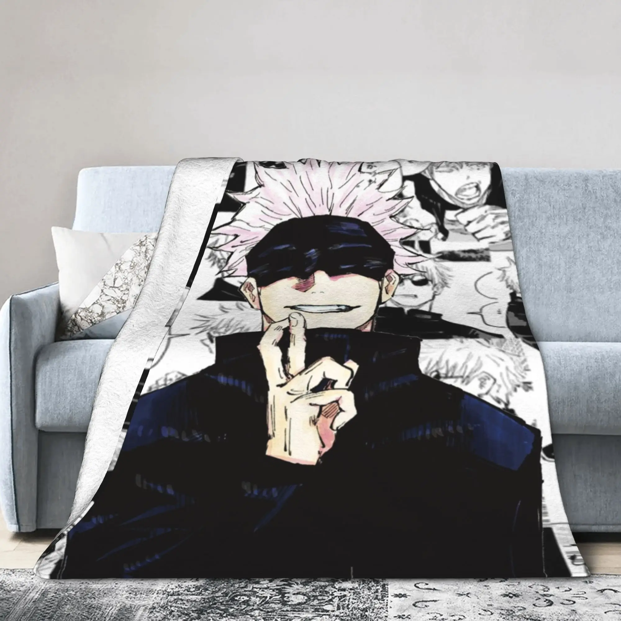 Gojo Satoru Collage Manga Velvet Throw Blanket Jujutsu Kaisen Anime Blanket for Bedding Car Super Soft Bedspread,