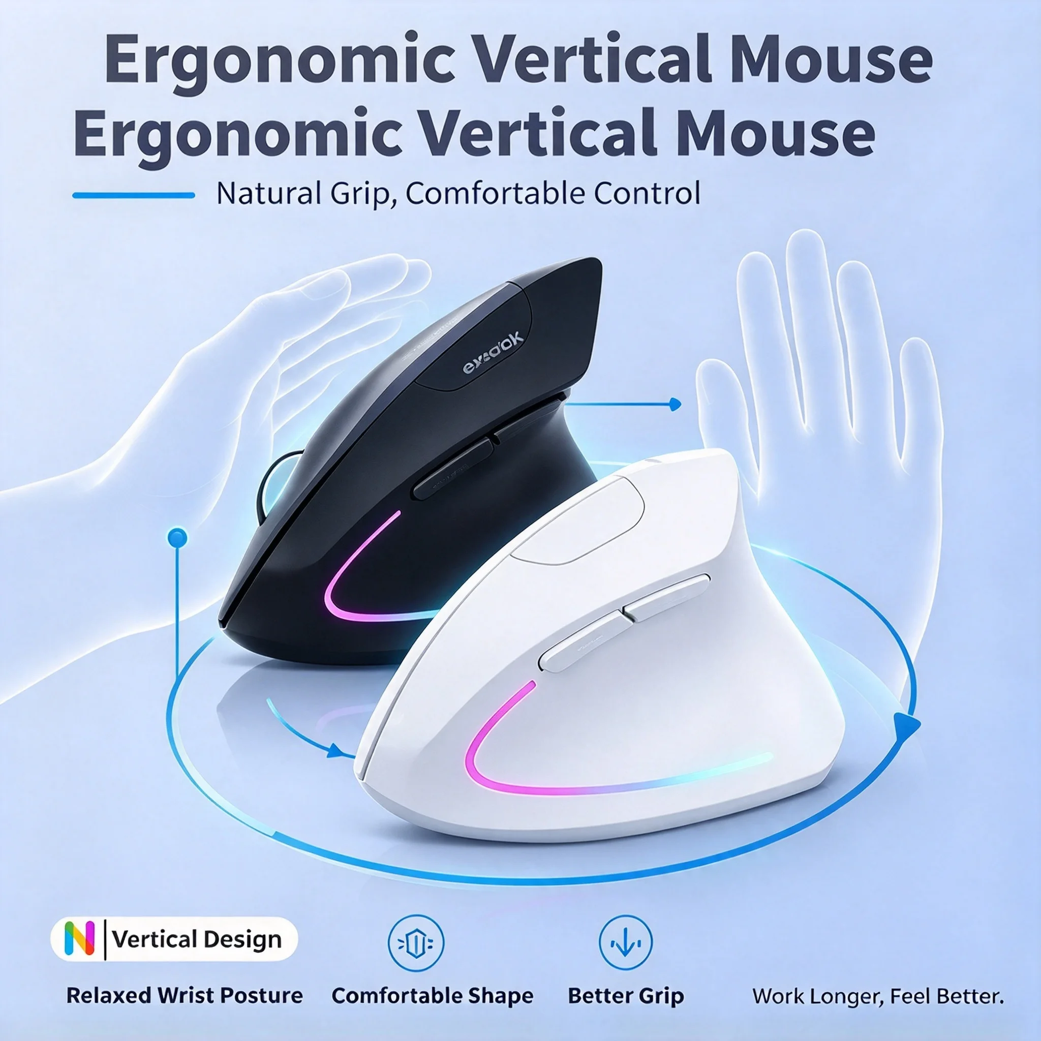 2.4G Bluetooth Wireless Dual-Mode Vertical Optical Mouse RGB Backlit Mute-Buttons Ergonomic Design Office Stylish Slient Mouse