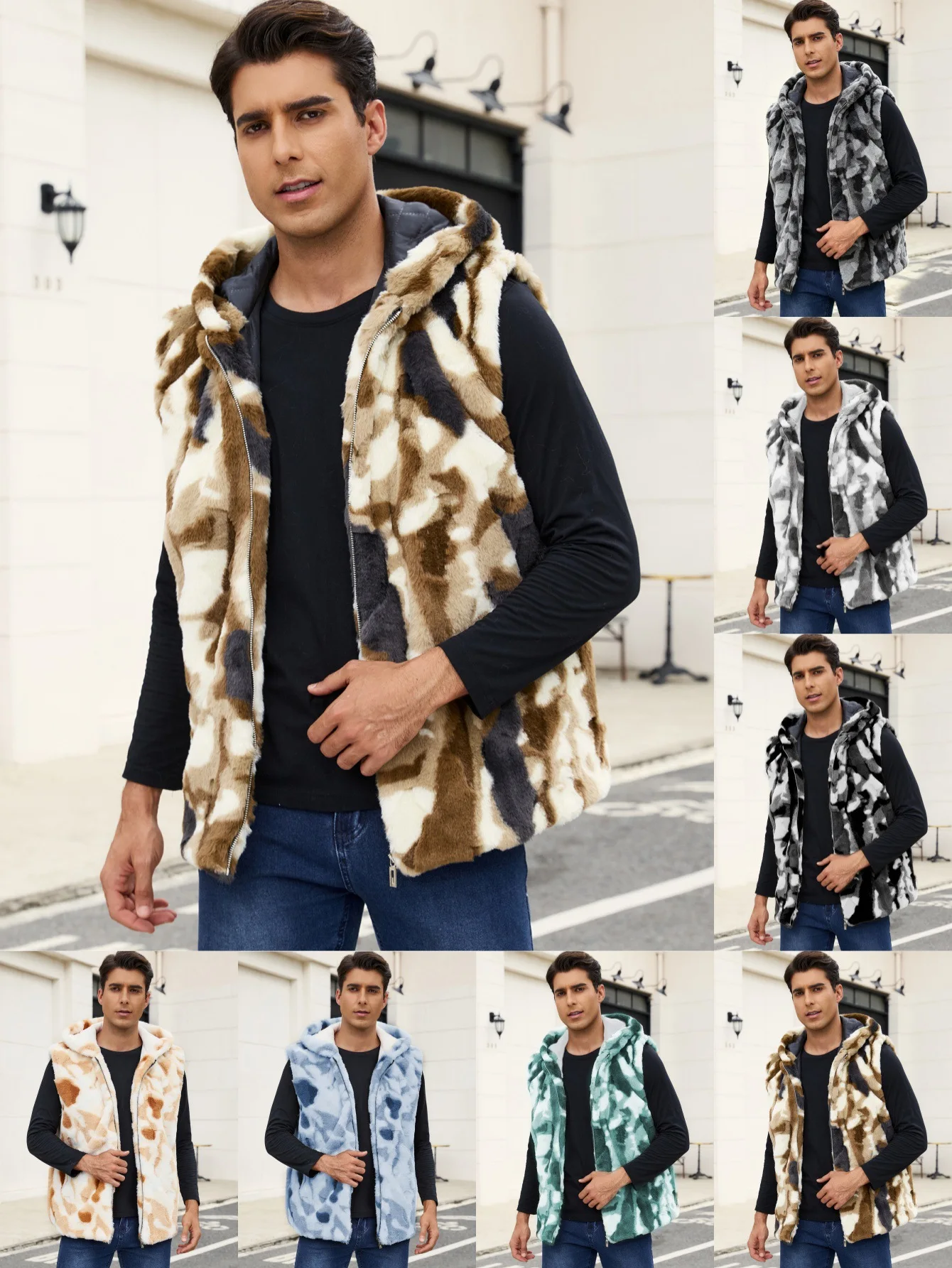 Men's Warm Short Camouflage Imitation Fur Vest Environmentally Friendly Rabbit Fur Alternative for Men's Clothing