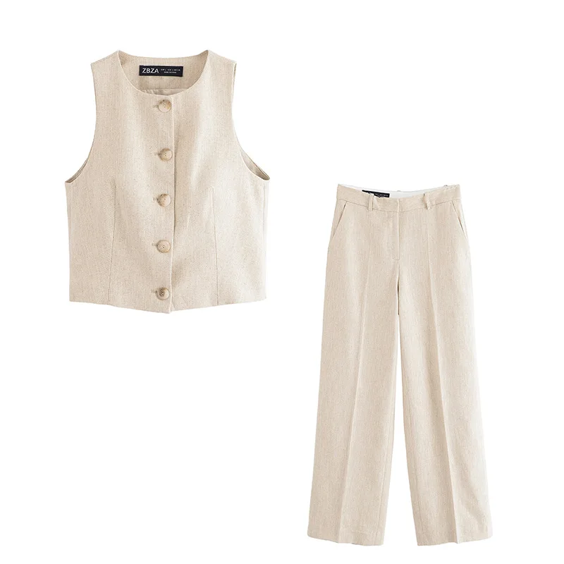 

Women's Commuter Retro Summer New Fashion Casual Solid Color Vest Jacket Straight Pants Two-piece Set Elegant Streetwear