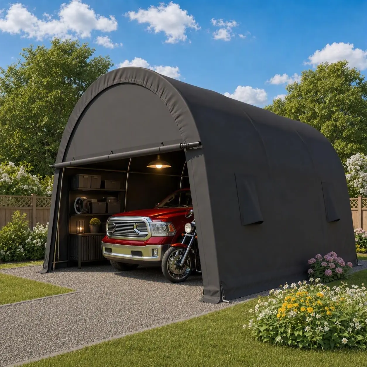 10x20FT Heavy Duty Carport Canopy, All-Weather Car Shelter with 2 Roll-Up Doors, 6 Ground Stakes & 4 Sandbags for Trucks, Tools