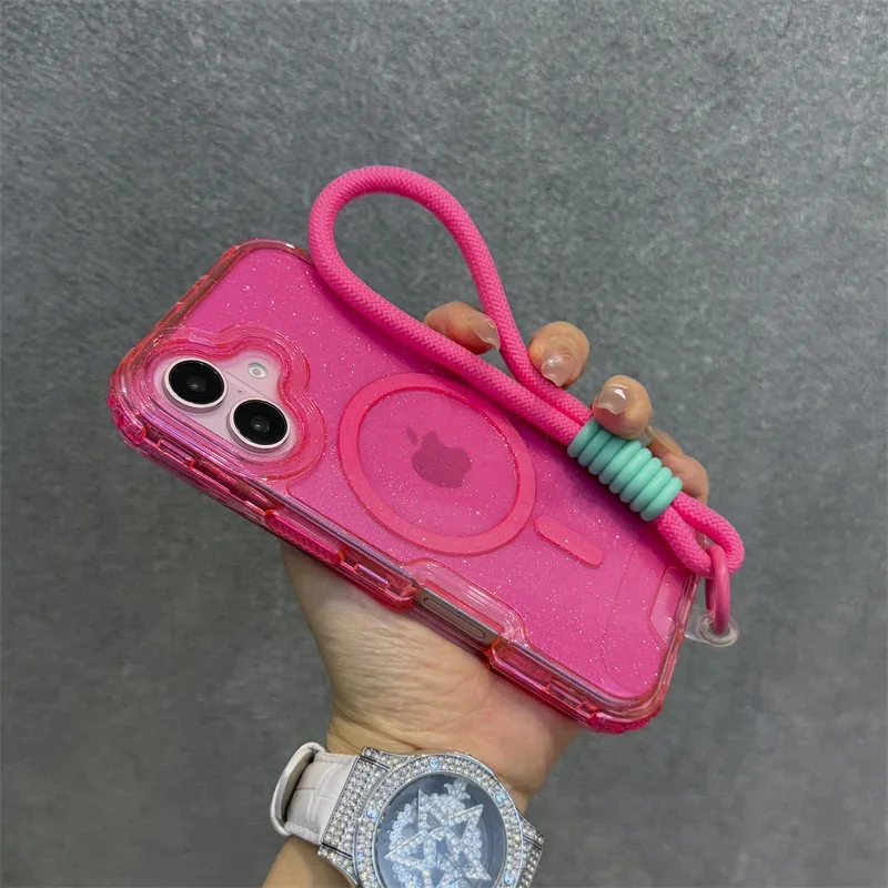 Glitzer Transparent Magnetisch für Magsafe Hülle für iPhone 17 15 14 Plus 13 16 Pro Max Handgelenkschlaufe Lanyard stoßfeste Rüstungsabdeckung – Detail 9