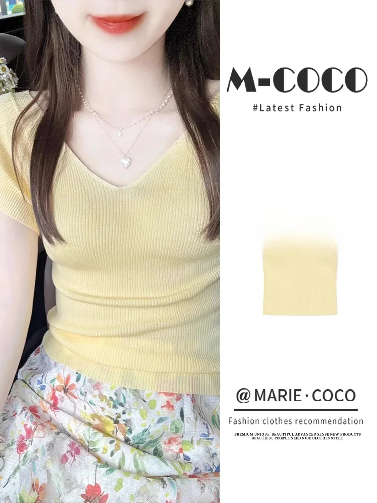 

Light Yellow V-Neck Ice Silk Knitted Top Women's Thin Summer Short Sleeve T-Shirt Short Style Korean Version Commute Style