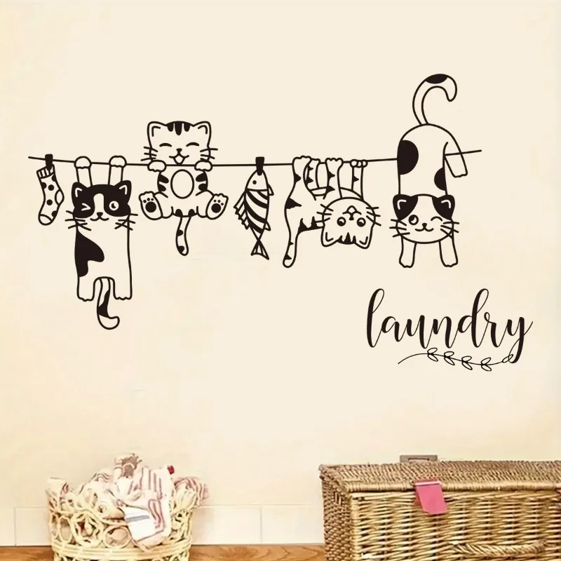 Cute Cat Clothesline Wall Sticker Cartoon Self-Adhesive Decal for Kids Room Laundry Home Decor