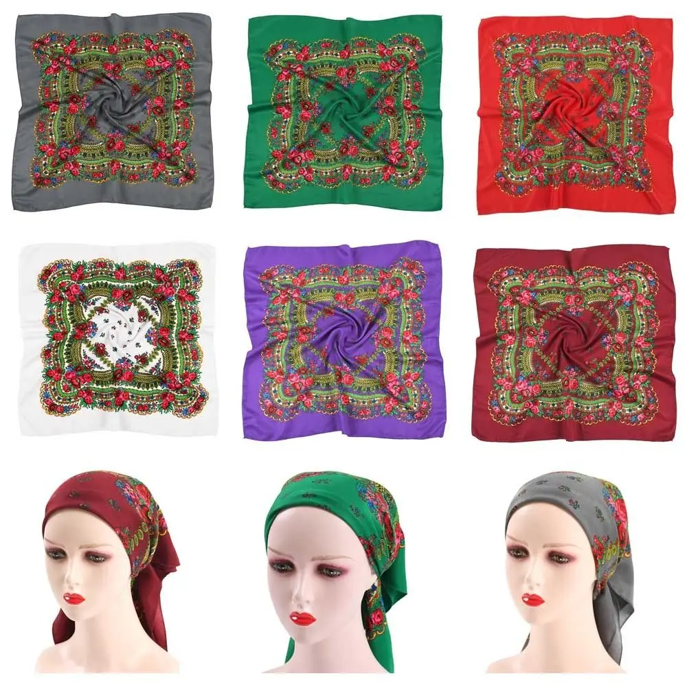New 70X70CM Flower Head Scarf Polyester Ethnic Style Hijab Headband Square Sunscreen Scarf Shawl