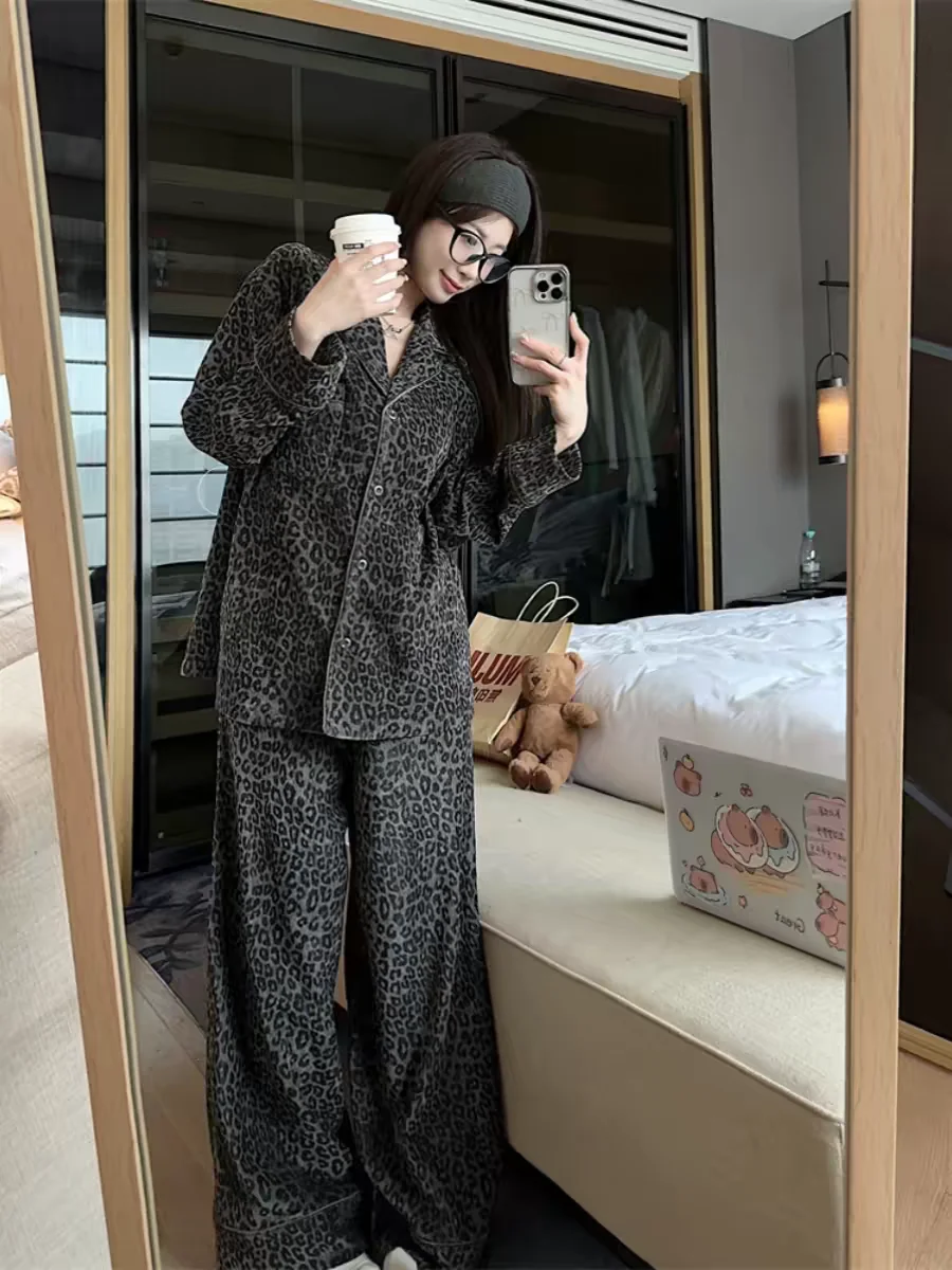 Autumn Winter Leopard Print Sleepwear Women's Loose Wide Leg Long Sleeve Home Clothes Set Comfortable Soft Warm Fashionable