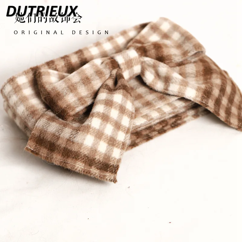 Khaki Plaid Wrap Winter Wool Versatile Fashion New Original Bow Scarfs for Women Lolita Japanese Style Sweet Cute Scarf