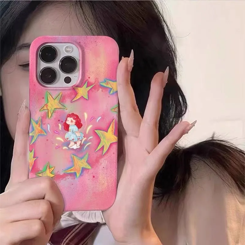 Dreamy INS Cartoon Painting Pink Little Girl Cute Artistic Phone Case for iPhone 16 15 14 11 12 13 Pro Max Plus Back Cover