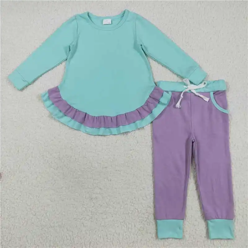 

Hot Sale Long Sleeves Clothes Ruffle Tunic Baby Girl Outfit Toddler Pockets Pants Children Kids Spring Fall Cotton Set