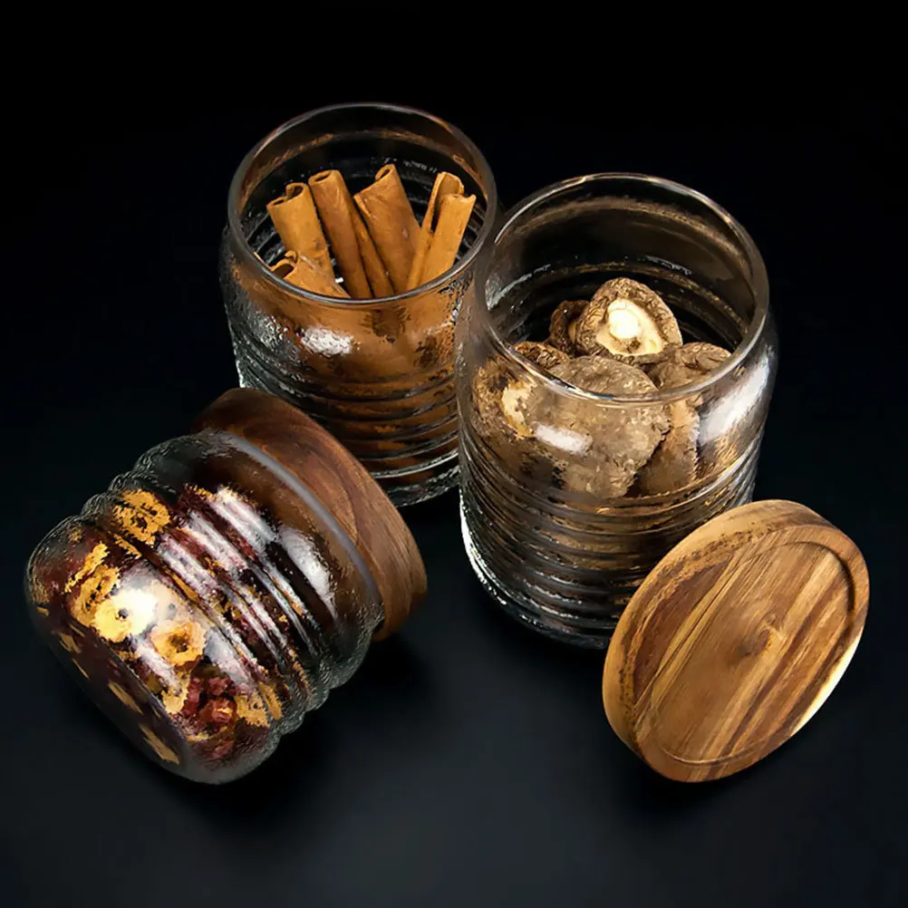 

Wooden Cover Glass Jar Thickened Food Storage Container Sealed Canister for Tea Coffee Sugar Snacks Household Use 500ml