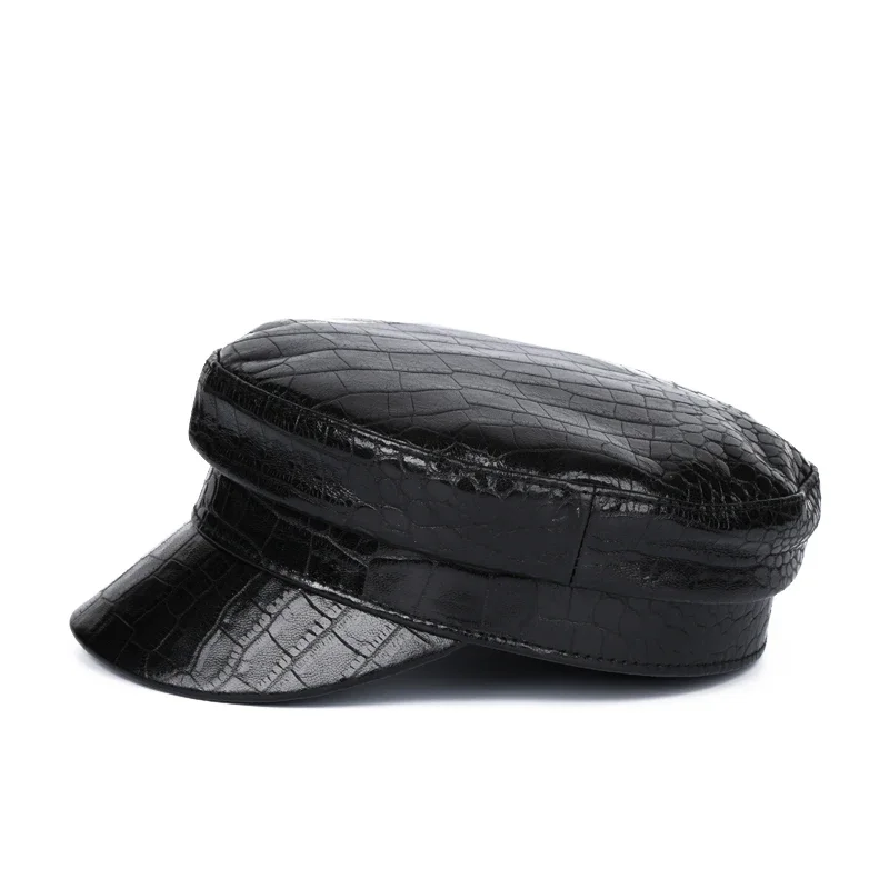 Fashion Winter Men Genuine Leather Crocodile Pattern Navy Hat Female European/American Retro Simple Flat Top Caps Street Beret