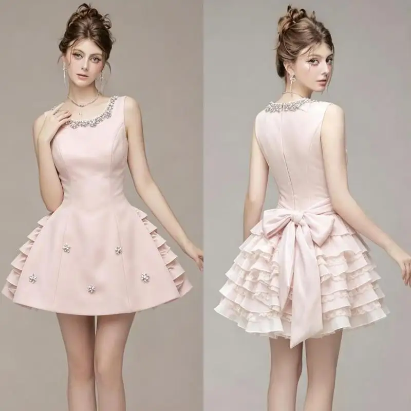 

French-style socialite bow rhinestone sleeveless dress, elegant slim-fit A-line short skirt for women