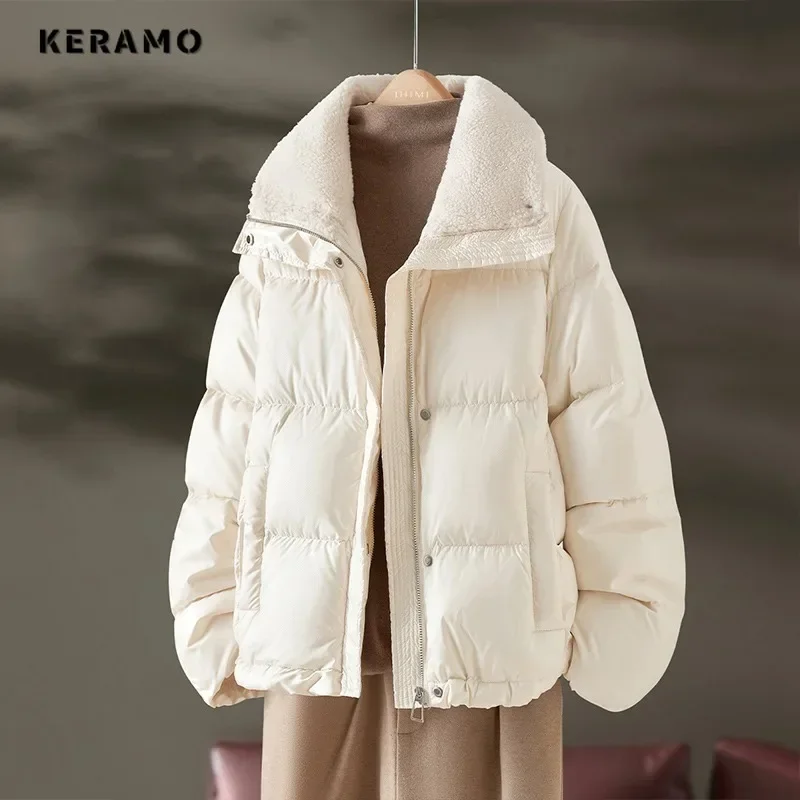 2024 Winter American Retro Style Zipper Parkas Warm Thick Solid Jacket For Women Casual Outerwear Vintage Fashion Baggy Coat