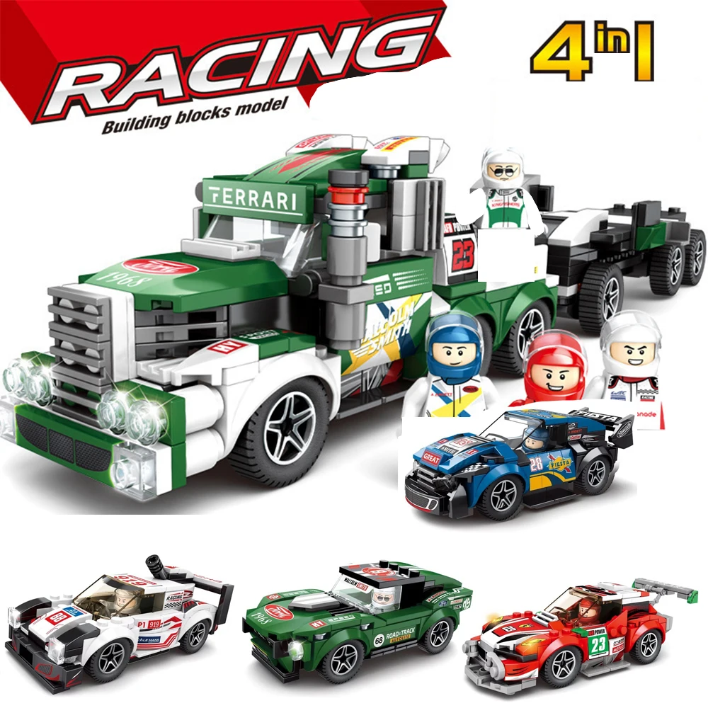 

4 in 1 City Racing Car Speed Sports Building Blocks Bricks Classic Rally Super Racers Assembled trucks Kits Toys Birthday Gifts