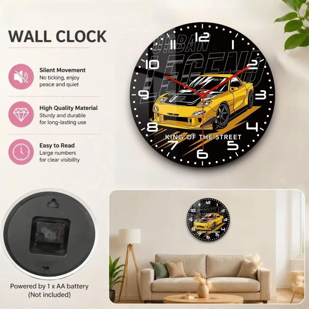 JDM Sports Car Wall Clock Silent Quartz Racing Drift Supercar Design Garage Man Cave Bedroom Decor Automotive Themed Gift