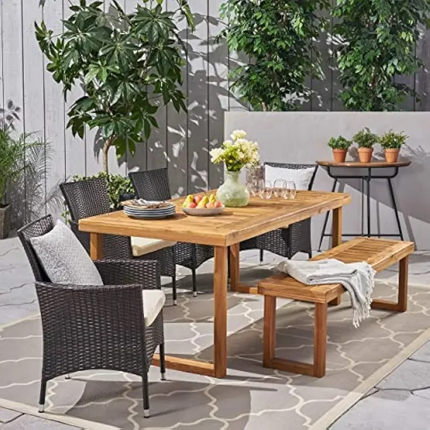 Moralis Outdoor Conjunto de jantar com cadeira e banco de vime e madeira de acácia de 6 lugares, 23,25 "L x 24" P x 33 "H