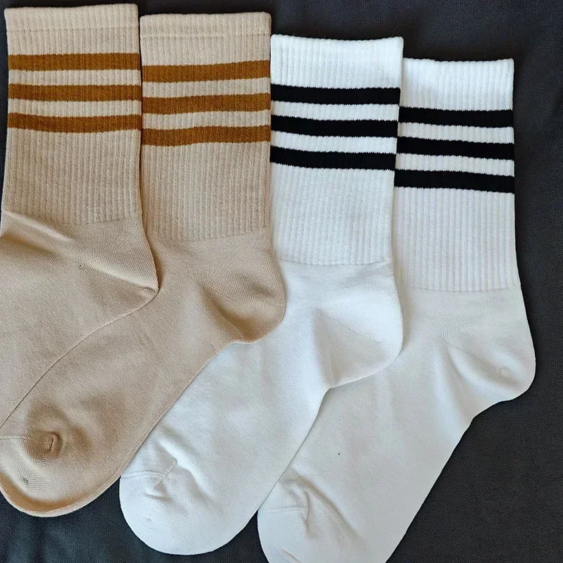 Classic Black And White Socks, Pure Cotton Couple Style, Three Bar Sports Socks, College Style