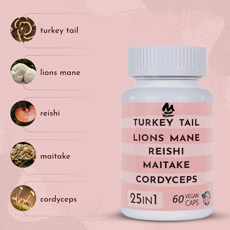 TurkeyTail 3000mg Lion Mane 3000mg Reishi 1500mg Mushroom and Chaga Maitake Cordyceps Mushroom Field | Mushroom Mix | Focus Pill