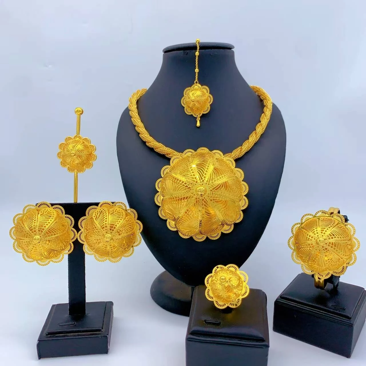 Ethiopian 6PCS Jewelry Set For Woman Dubai African Indian 24k Gold Plated  Big Pendant Necklace Wedding Engagement Party Gifts