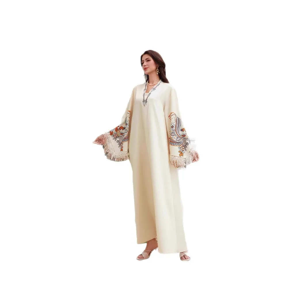 Middle East Cross Border Muslim Women's Robe V-Neck Printed Tassel Temperament Arabian Dress Abaya cw03716