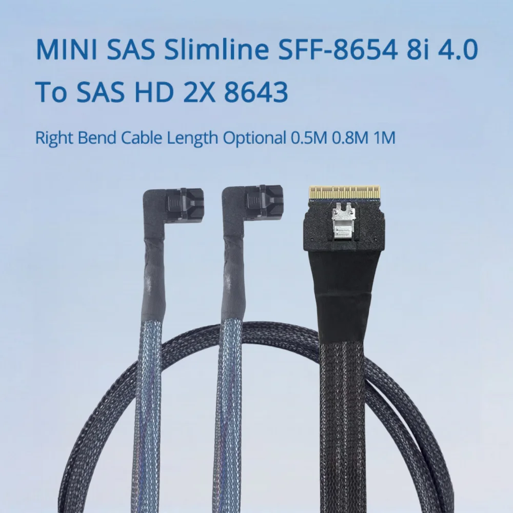 

MINI SAS Slimline SFF-8654 8i 4.0 To SAS HD 2X 8643 Right Bend Cable Length Optional 0.5M 0.8M 1M