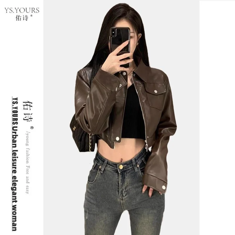 

New 2026 Short Motorcycle Coat Women Spring Autumn Korean Version Fashion Leather Jacket Black Coffee PU Leather Outerwear Tops