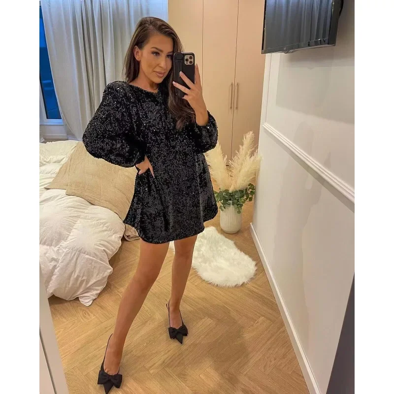 Sexy Autumn Women Sequins Dress Elegant Y2K Fashion Loose Long Sleeve O Neck Bow Tie Party Evening Mini Dress Night Clubwear